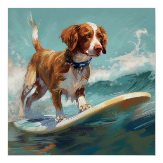 Brittany Spaniel Strand Surfing Schilderij Perfect Poster (Voorkant)