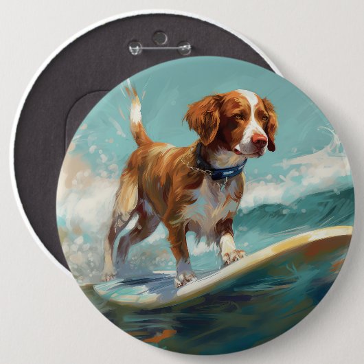 Brittany Spaniel Strand Surfing Schilderij Ronde Button 6,0 Cm (Voorkant /achterkant)