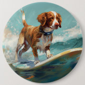 Brittany Spaniel Strand Surfing Schilderij Ronde Button 6,0 Cm (Voorkant)