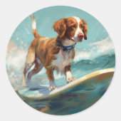 Brittany Spaniel Strand Surfing Schilderij Ronde Sticker (Voorkant)