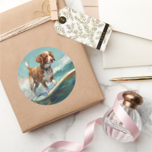 Brittany Spaniel Strand Surfing Schilderij Ronde Sticker