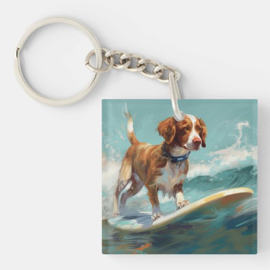Brittany Spaniel Strand Surfing Schilderij Sleutelhanger (Voorkant)