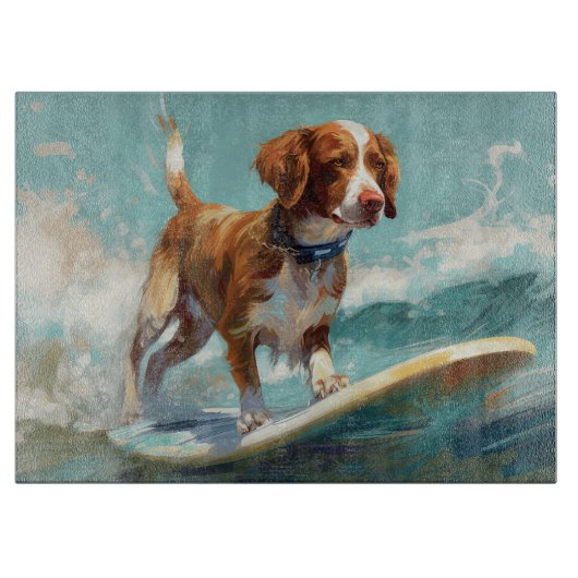 Brittany Spaniel Strand Surfing Schilderij Snijplank (Voorkant)