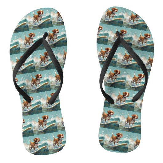 Brittany Spaniel Strand Surfing Schilderij Teenslippers (Voetbed)