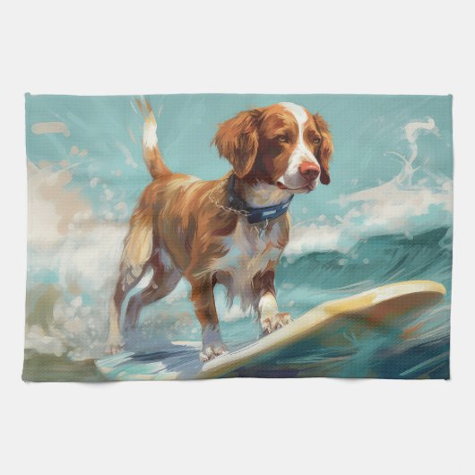 Brittany Spaniel Strand Surfing Schilderij Theedoek (Horizontaal)