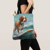 Brittany Spaniel Strand Surfing Schilderij Tote Bag (Dichtbij)
