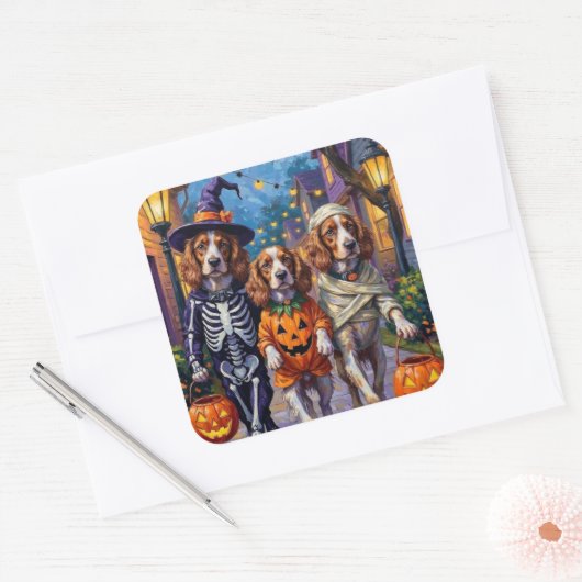 Brittany Spaniel Trick-or-Treating in Halloween Vierkante Sticker (Envelop)