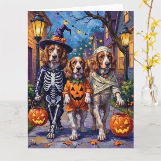 Brittany Spaniel Trick-or-Treating op Halloween Kaart (Gele Bloem)