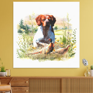 Brittany Spaniel – Veld, Focus, Fazant, Kunst Canvas Afdruk