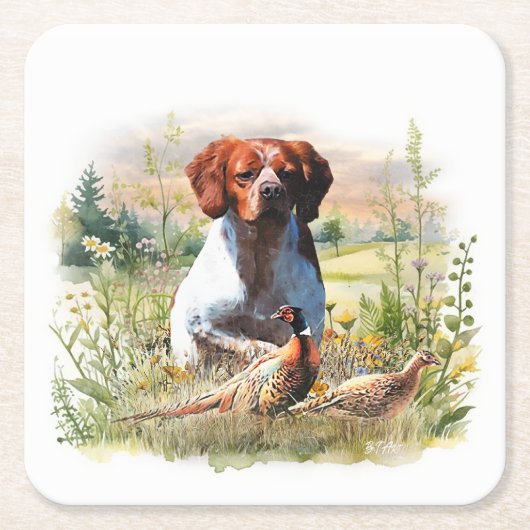 Brittany Spaniel – Veld, Focus, Fazant, Kunst  Kartonnen Onderzetters (Voorkant)