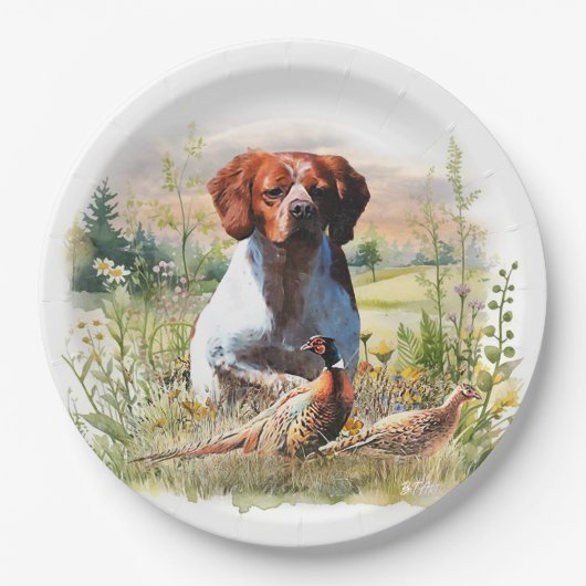 Brittany Spaniel – Veld, Focus, Fazant, Kunst Papieren Bordje (Voorkant)