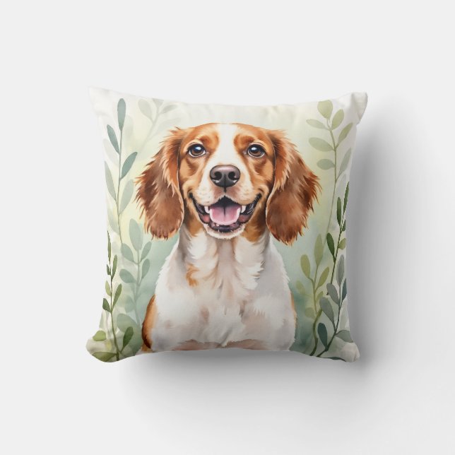 Brittany Spaniel Watercolor Bladpatroon Kunst Kussen (Voorkant)
