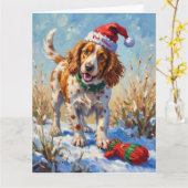 Brittany Spaniel Wijst naar Santa's Handschoen Hoe Kaart (Gele Bloem)