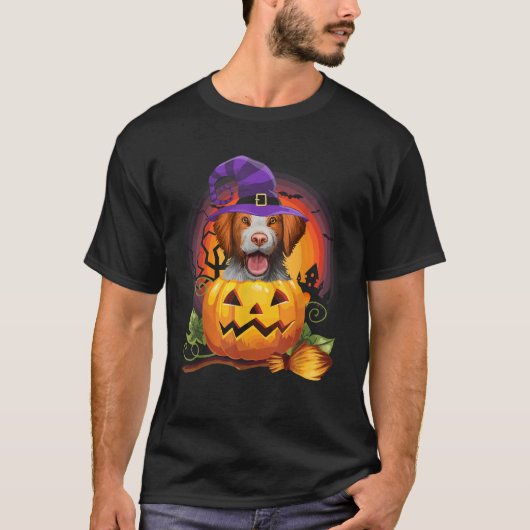 Brittany Spaniel Witch Pumpkin Halloween Dog Lover T-shirt (Voorkant)