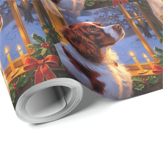 Brittany Spaniel with Christmas Lights Holiday Cadeaupapier (Rol Hoek)