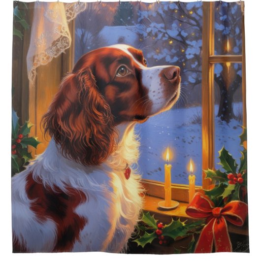 Brittany Spaniel with Christmas Lights Holiday  Douchegordijn (Voorkant)