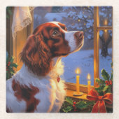 Brittany Spaniel with Christmas Lights Holiday  Glazen Onderzetter (Voorkant)