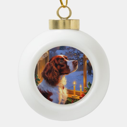 Brittany Spaniel with Christmas Lights Holiday Keramische Bal Ornament (Voorkant)