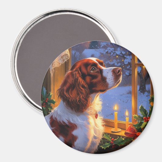 Brittany Spaniel with Christmas Lights Holiday  Magneet (Voorkant / Achterkant)