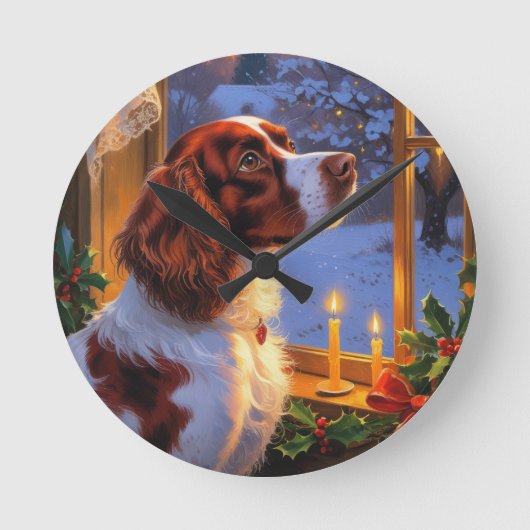 Brittany Spaniel with Christmas Lights Holiday Ronde Klok (Voorkant)