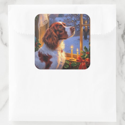 Brittany Spaniel with Christmas Lights Holiday  Vierkante Sticker (Tas)