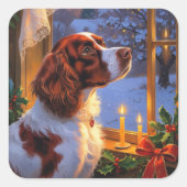 Brittany Spaniel with Christmas Lights Holiday  Vierkante Sticker (Voorkant)