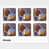 Brittany Spaniel with Christmas Lights Holiday  Vierkante Sticker (Vel)