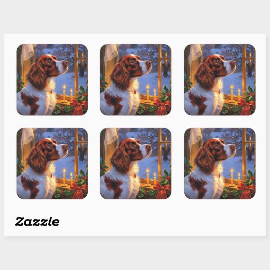 Brittany Spaniel with Christmas Lights Holiday  Vierkante Sticker (Vel)