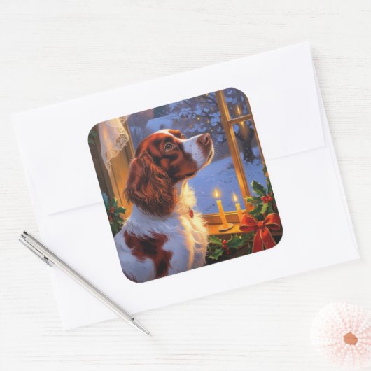 Brittany Spaniel with Christmas Lights Holiday  Vierkante Sticker (Envelop)