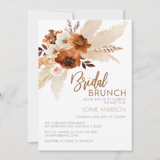Brnt Oranje Boho Pampas Grass Bridal Brunch Kaart (Voorkant)