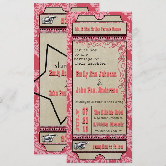 Broadway Playbill Ticket Trouwt Raspberry Roze Kaart (Voorkant / Achterkant)