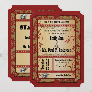  Broadway Red en Gold Movie Ticket Wedding Kaart