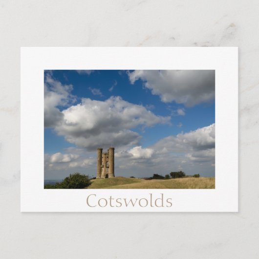 Broadway Tower, Cotswgets briefkaart witte wolken (Voorkant)