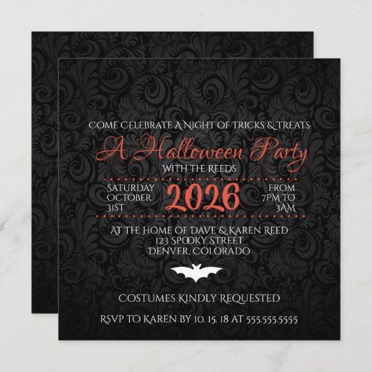 Brocade Bats Halloween Party Invitation Kaart (Voorkant / Achterkant)