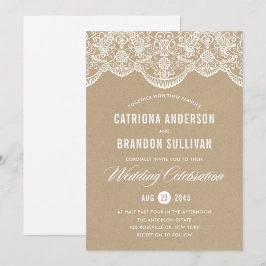 Brocade Lace Faux Kraft Paper Weddenschap Kaart (Voorkant / Achterkant)