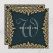 Brocade Monogram Blauwgroen en gouden bruiloft Kaart (Voorkant / Achterkant)