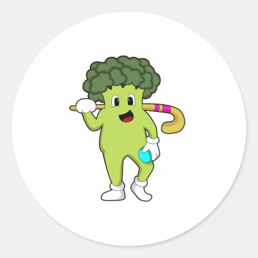 Broccoli at Hockey with Hockey bat Ronde Sticker (Voorkant)