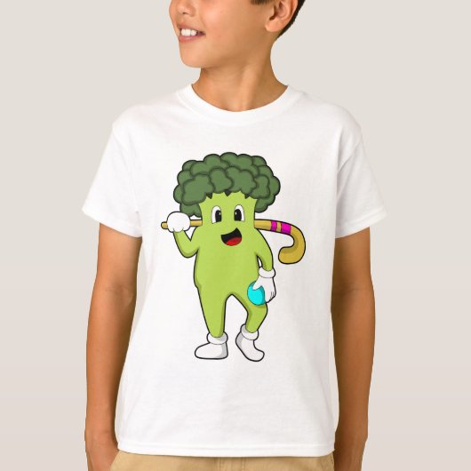 Broccoli bij Hockey met Hockey bat T-shirt (Voorkant)