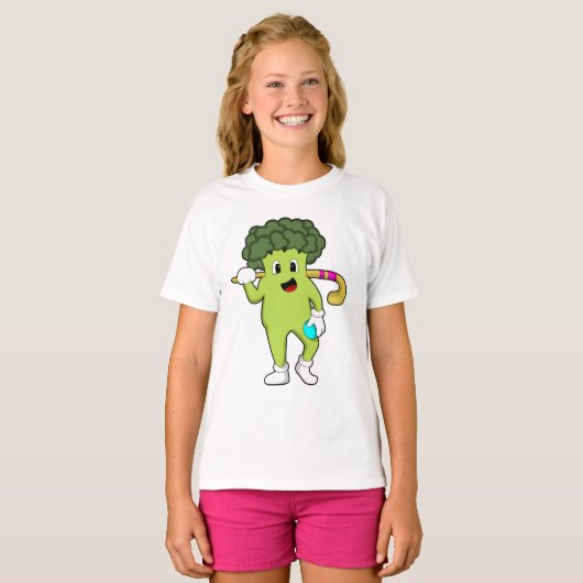 Broccoli bij Hockey met Hockey bat T-shirt (Voorkant volledig)
