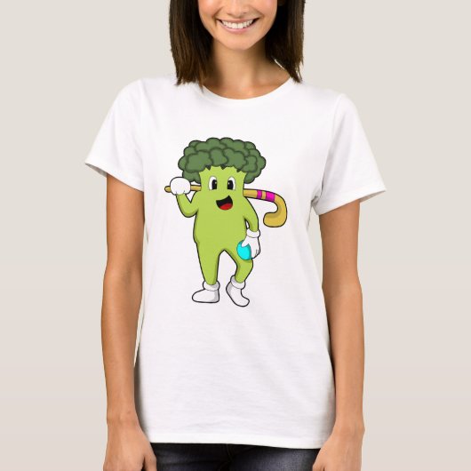 Broccoli bij Hockey met Hockey bat T-shirt (Voorkant)