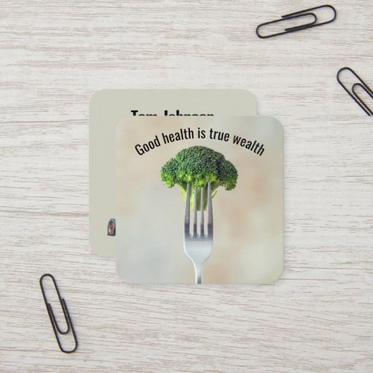 Broccoli Floret On a Fork With Quote Vierkante Visitekaartje (Voorkant / Achterkant in situ)