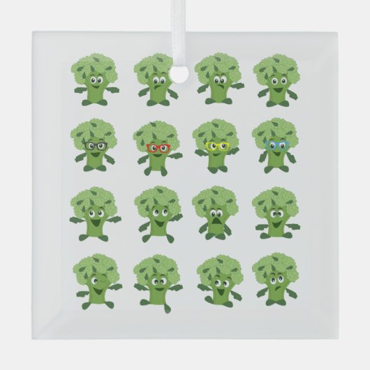 Broccoli met verschillende emoties glas ornament (Voorkant)