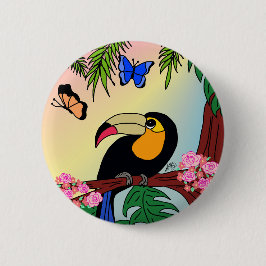 Broche Boton Tucano tropical e borboletas Ronde Button 5,7 Cm