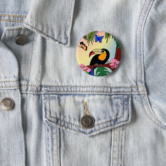 Broche Boton Tucano tropical e borboletas Ronde Button 5,7 Cm (In situ)