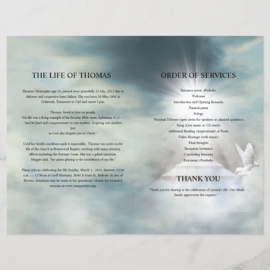 Brochure over het begrafenisprogramma Sjabloon (Achterkant)