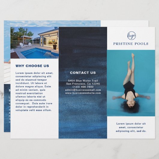 Brochure over poolservice Zakenmarineblauw drievou (Voorkant / Achterkant)