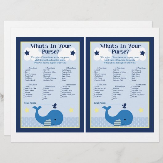 Brody Whale Nautical Baby shower Purse Game (Voorkant / Achterkant)