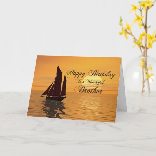 Broeder, een zonsondergang jacht verjaardagskaart kaart (Gele Bloem)