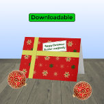 Broeder familie rode kerstman feestdagen kaart<br><div class="desc">Persoonlijke kerstcadeautjes voor je broer en zijn familie. De kaart heeft het uiterlijk van een pakje met een kleurrijk patroon van gestileerde sneeuwvlokken in gouden en groene kleuren op een rode achtergrond. Het pakket is verbonden met een gouden 'lint' en heeft een 'geschenkend label' met de boodschap 'Happy Kerstbroer en...</div>