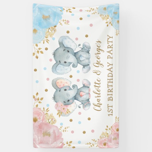 Broederlijke Twins Olifant Wild Een 1e Verjaardag Spandoek (Verticaal)